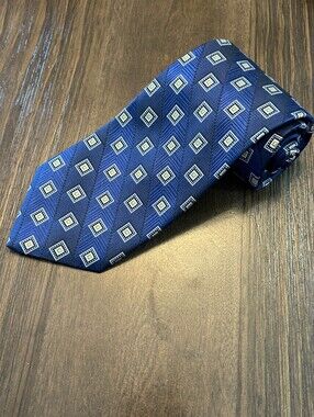 Tom James Executive Silk Geometric Print Tie Navy Handsewn USA Vintage Necktie